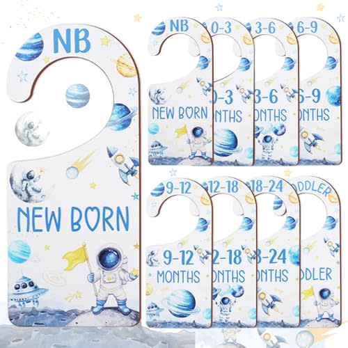 CORNER LACE Baby Closet Dividers 8PCS, Outer Space Themed Wooden Double-Sided Clothes Size Hanger Organizer from Newborn to Toddler for Nursery Decor Baby Shower Birthday Gift Blue