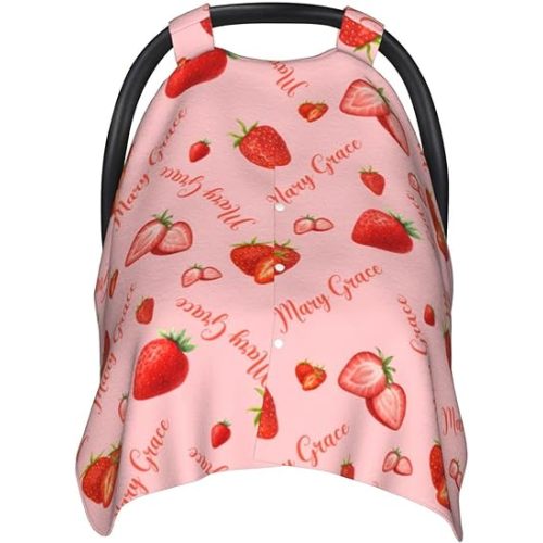 Personalized Strawberry Baby Car Seat Canopy for Girls – Custom Name Minky Nursing Cover, Infant Carseat Canopy, Opening Breastfeeding Stroller Cover for Newborn Baby Gift