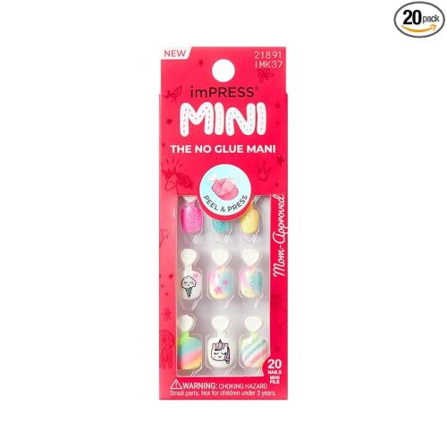 Kiss Impress No Glue Mani Press On Nails, Mini, 'Berry Best', Multicolor, Kids Size, Squoval Shape, Includes 20 Nails, 1 Mini File