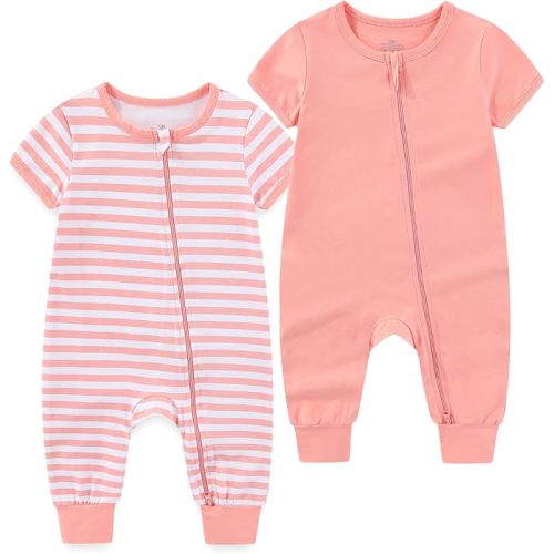 Baby Boy Girl 2 Pack Romper Infant Short Sleeve 2 Way Zipper One Piece Jumpsuits Newborn Clothes 0-24 Months