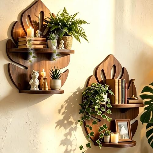 Valpeak 2 Pack Double Layer Floating Shelves for wall 15.8"*12.4" Palm Leaf Plant Shelf for Living Room, Bedroom, Kitchen, Office Decor