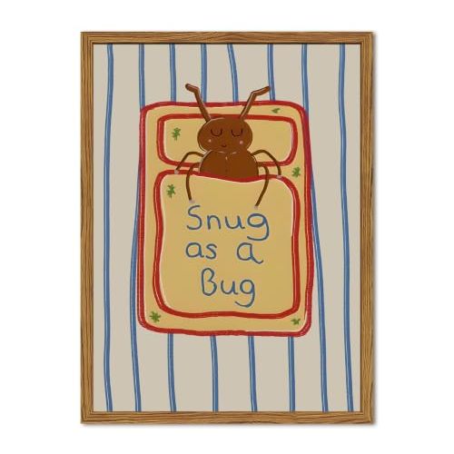 Framed Snug as a Bug Wall Art, Nursery Funny Bug Sleeping Wall Decor Paintings, Blue Striped Cute Insect Pictures Canvas Prints for Living Room Boy Girl Baby Kids Room 12x16 inch