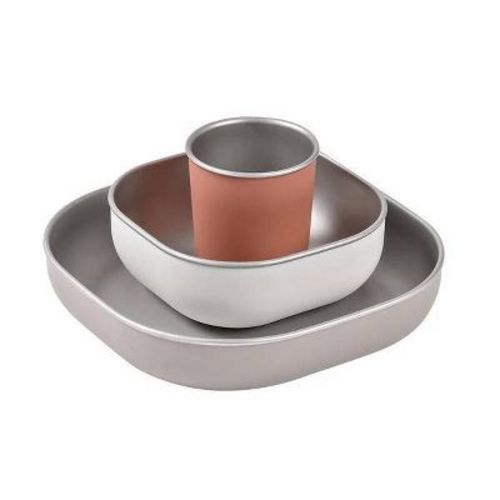 Beaba 3pc Stainless Steel Microwave Safe Meal Dinnerware Set - Terracotta Orange: Solid Pattern, Silicone Bowl
