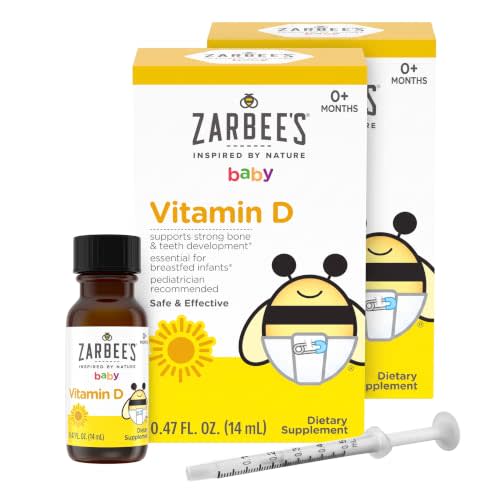 Zarbee's Vitamin D Drops for Infants,400IU (10mcg) Baby & Toddler Liquid Supplement,Newborn & Up,Dropper Syringe Included,0.47 Fl Oz,(Pack of 2)