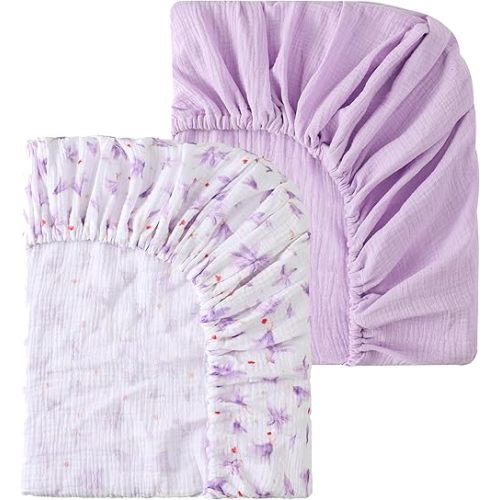 TADO MUSLIN Baby Crib Sheets 2 PCS, 100% Organic Cotton Fitted Crib Sheet for Standard Crib Mattress (52"x28"), Soft and Breathable for Girl and Boy Purple