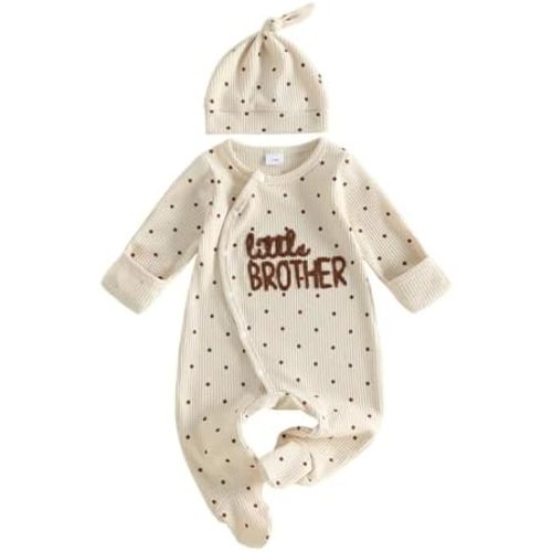 Little Brother Newborn Baby Boy Fall Outfits Jumpsuit Romper, Beige, NB