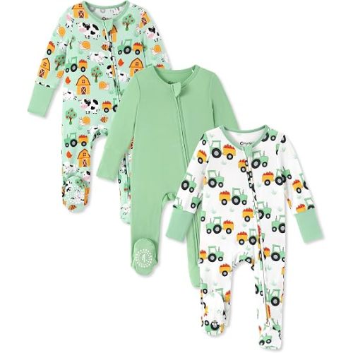PATPAT 3 Pack Bamboo Viscose Baby Footed Pajamas with Anti-Grips, NB-2T