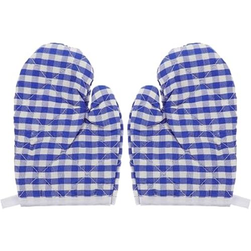 2Pcs Oven Mitts for Play Kitchen, Microwave Oven Gloves Kitchen Baking Mitts, Red Checkered s for Safe Backing Cooking BBQ (Light Blue Checkered)