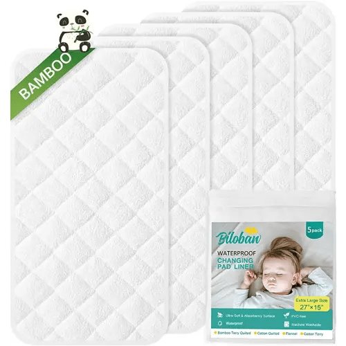 Changing Pad Liner - 5 Pack (Improved Thickness), Superior Bamboo Terry Surface, Waterproof & Absorbent Diaper Changing pad Liners