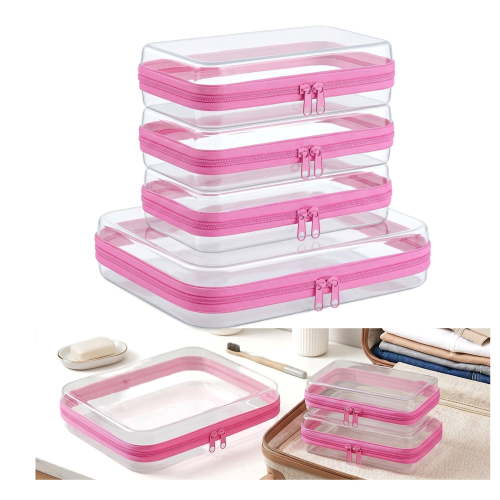 4 Pack Clear Zipper Pouches, Hard Shell Cosmetic Makeup Organizer Bags, Travel Toiletry and Diaper Bag Organizers, Toy Storage Cases, Pink, M+3S