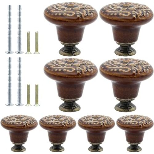 8pcs Brown Ceramic Knobs, Vintage Kitchen Cabinet Knobs