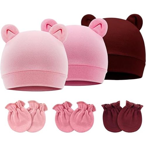 BQUBO Newborn Baby Hats Mittens Set Hospital Hat Beanie Bear Ears Preemie Infant Cotton Caps Gloves for Boys Girls 0-3 Months
