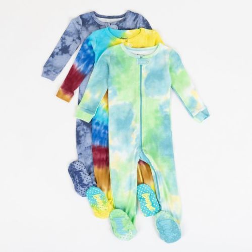 Leveret Boys Cotton Baby Footed Pajamas – 3 Pack – Tie Dye Brights Sleepers 0-3 Month