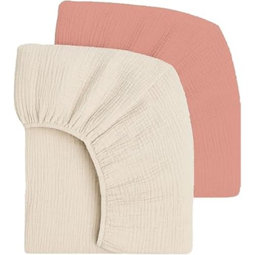 Mère & Moi Muslin Fitted Crib Sheets – 100% Cotton, Ultra-Soft & Breathable Baby Bedding for Standard Crib & Toddler Mattress (28” x 52”) - 2 Pack (Pink and Cream)