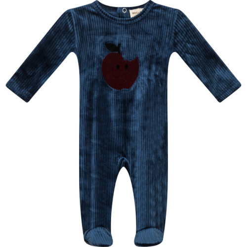 Apple Print Cotton Velour Onesie Dark Teal - Mocha | Maisonette