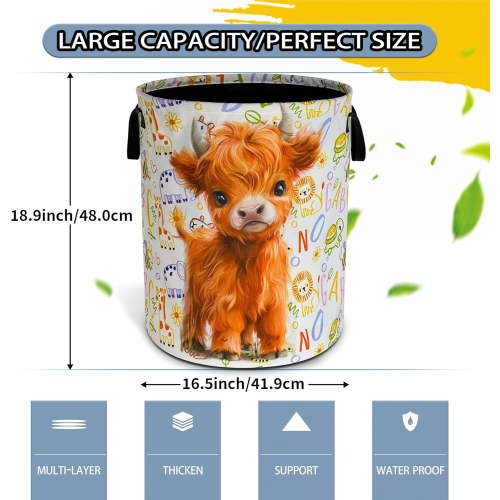 YUYAN-Cute Highland Cow Laundry Basket Calf Foldable Waterproof Oxford Cloth Funny Tote Bag Laundry Hamper Clothes Storage Bucket Toy Organizer For Bathroom/Laundry Storage/Bedroom 18.9x16.5 Inch