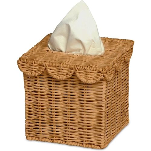 BEBE BASK Handwoven Scalloped Square Tissue Box Cover (4.5 × 4.5 × 5.3 in) – Rattan Tissue Box Cover Square – Elegant Home Accent - Mocca
