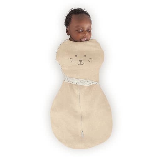 SwaddleDesigns 6-Way Omni Swaddle Sack, Arms Up Swaddle for Newborn, More Options to Calm Startle Reflex, Improves Sleep, 12-18 lbs, Heathered Oatmeal, Cute Animal Face