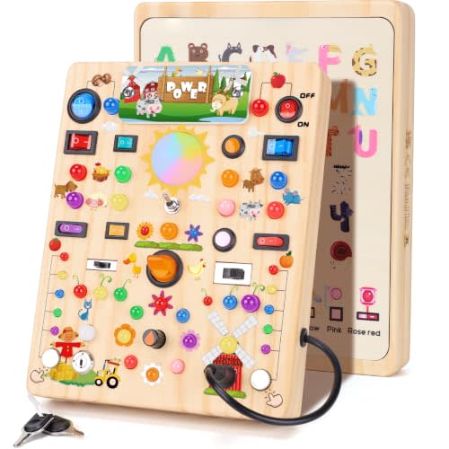 Busy Board with 19 LED Light Switches, Montessori Toys for 1 2 3 Years Old, Wooden Sensory Board, Toddlers Activity Travel Toys for 1 2 3 Year Old Boy & Girl Birthday Gift (Big Farm)