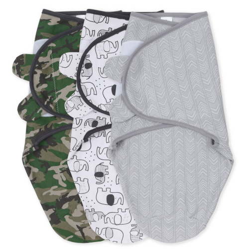 The Peanutshell Newborn Swaddles Set 3 Pack Camo Elephant and Gray Herringbone