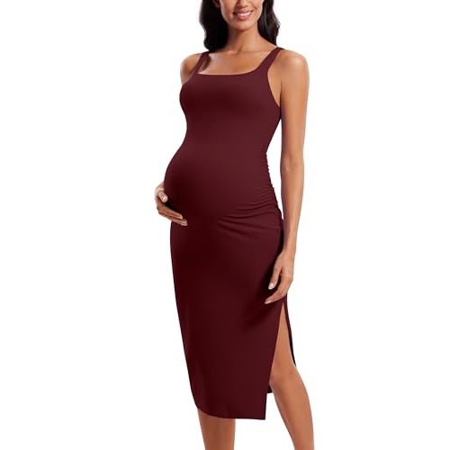 CRZ YOGA Butterluxe Square Neck Sleeveless Maternity Dress - Split Ruched Tanks Womens Pregnancy Bodycon Casual Baby Shower