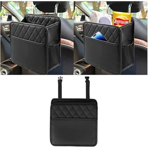 Mandark Car Seat Back Organizer, PU Leather Automotive Backseat Hanging Storage Pocket, Multipurpose Vehicle Travel Essentials Accessories for Kids & Adults, Universal for Most Cars（Black）