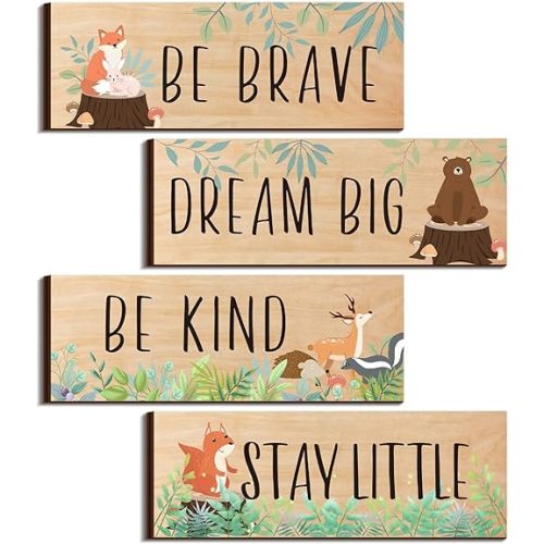 Yookeer 4 Pieces Woodland Nursery Decor Safari wall art Be kind brave curious Cute Jungle Animal Nursery Decor for Bedroom living room home 11x 3.9 Inches(Cute Animals,Light Brown Background)
