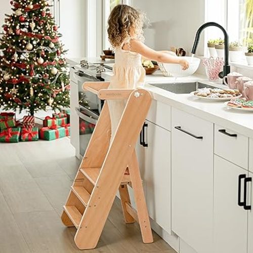 Comfy Cubs Kids Step Stool for Ages 3+, 3 Height Adjustable Toddler Tower, Montessori Furniture Designed in The US - Toddler Standing Tower for Kitchen Sink & Bathroom Access - Natural Wood