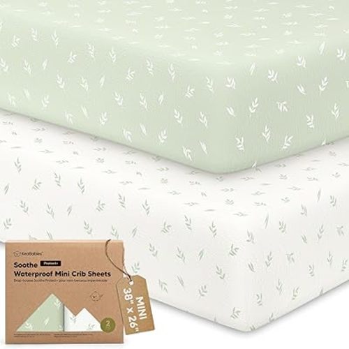 2 Pack and Play Sheets, Waterproof Mini Crib Sheets Fitted - 38x26 Organic Cotton Pack N Play Sheets for Graco Pack and Play Mattress, Playard Baby Crib Sheets, Neutral for Boy, Girl, Toddler (Herb)