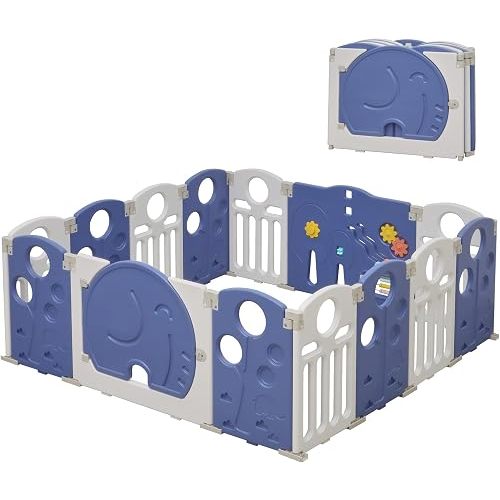 HAPPYMATY Baby Playpen, 14-Panel Foldable Play Pen for Babies and Toddlers, Indoor Outdoor Baby Fence with Sensory Play Panel, Adjustable Shape Activity Play Center, Portable & Easy Assemble
