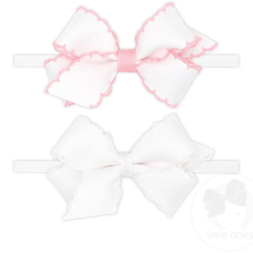 GIFT PACK! Two Mini Grosgrain Bows with Moonstitch Edge on Skinny Nylon Band - WHL/WHW | Wee Ones Hair Bows & Accessories
