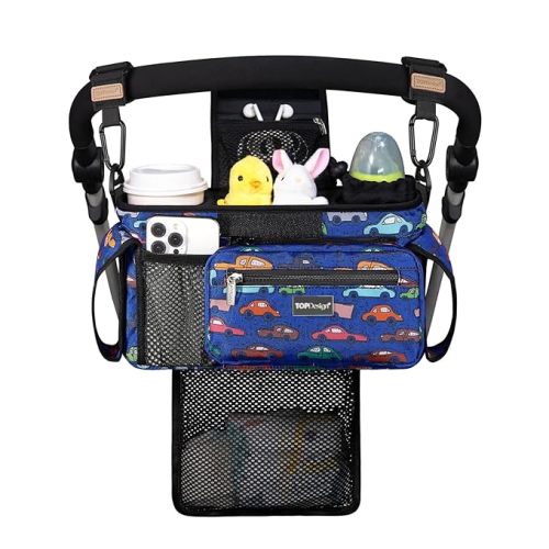 TOPDesign Universal Baby Stroller Organizer, Stroller Caddy with Detachable Mesh Bag & Heightened Insulated Cup Holders & Non-Slip Secure Hooks Accessories, Fits Most Strollers (Checkerboard)