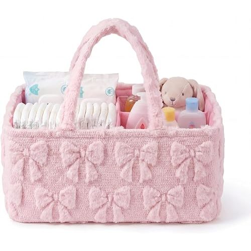 Pink Bow Tufted Diaper Caddy Organizer Large Portable Baby Storage Basket with Handles Soft Fluffy Fabric Nursery Organizer Gift for Newborn Baby Shower