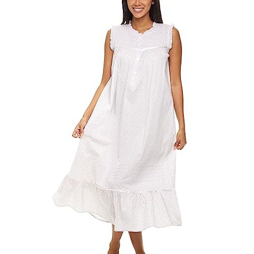 Alexander Del Rossa Women's Cotton Victorian Nightgown, Sleeveless Vintage Nightgown for Women