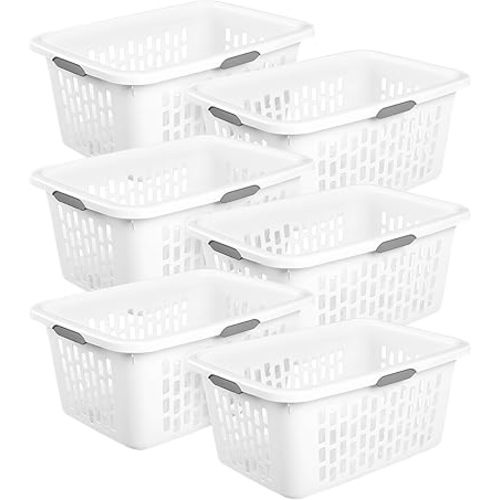 Sterilite Laundry Basket, Plastic Clothes Hamper, Large Rectangle Bin with Comfort Grip Handles and Reinforced Rim, 2 Bushel Capacity, White, 6 Pack