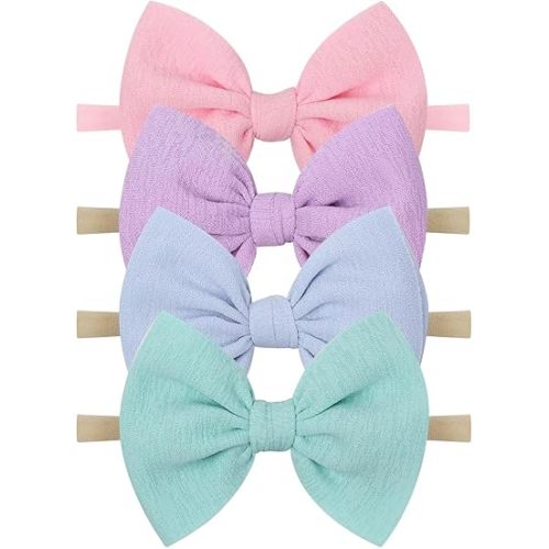 YanJie Baby Girls Nylon Headbands Newborn Bows Handmade Hair Bows Hairbands Hair Accessories for Newborn Infant Toddlers Kids (baby pink-aqua)