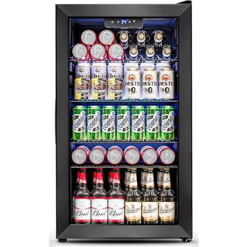 Feelfunn 3.2 Cu.Ft Mini Fridge with Glass Door - 126 Can Beverage Refrigerator Cooler for Drink Beer Wine Soda, Small Fridge for Bedroom Office Bar Dorm, 4 Adjustable Shelves, Black
