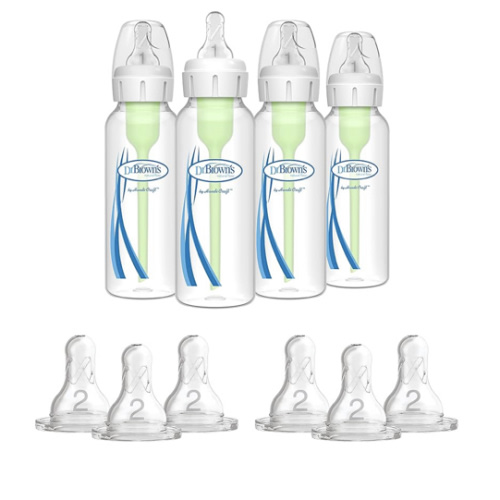 Dr. Brown's Options+ Anti-Colic Baby Bottle - 8oz - 4 Pack and Dr. Brown's Original Nipple, Level 2 (3m+), 6 Count