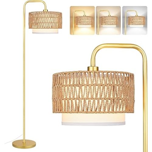 PARTPHONER Gold Floor Lamp for Living Room, Farmhouse Tall Lamp with 3 Color Temperatures Remote & Dimmable Bulb, Boho Lamp Rattan and Fabric Shades Bedroom Study Room Office Hotel