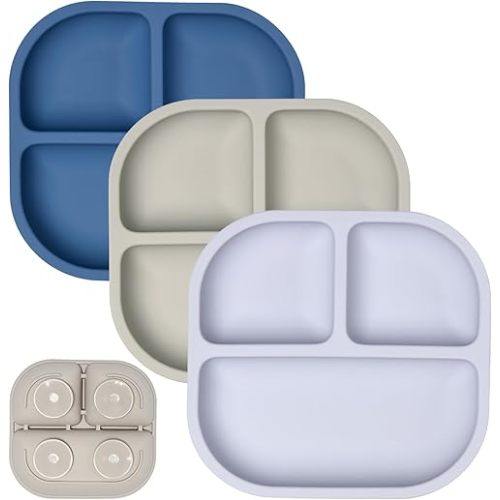 BABELIO Powerful Suction Plates for Baby and Toddler, 100% Food Grand Silicone, Divided, BPA Free, Microwave & Dishwasher Safe, Stay Put, 3 Pack