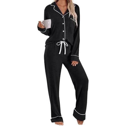 LILLUSORY Women's Long Sleeve Pajama Set - Soft Button-Down Top & Comfortable Drawstring Pants with Pockets
