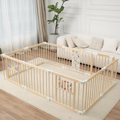 Ulnxiy Foldable Wooden Baby Playpen Activity Center,Adjustable Size & Shape Portable Play Yard, Baby Fence Play Area with Gate for Indoor Use for Babies and Toddlers(84x56x24inches)