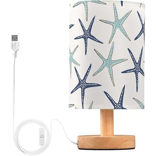 Table Lamp Nautical Starfish Pattern Nightstand Lamp with Wood Base Fabric Lamp Shade Bedside Desk Lamp for Living Room Bedroom Kids Room Office