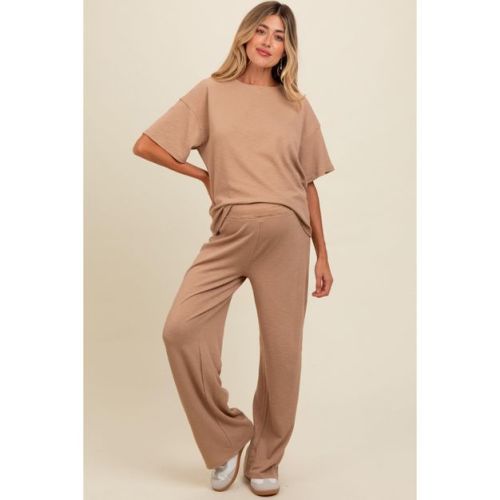 Pinkblush Taupe Textured Knit Oversized Tee And Pants Maternity Set Large