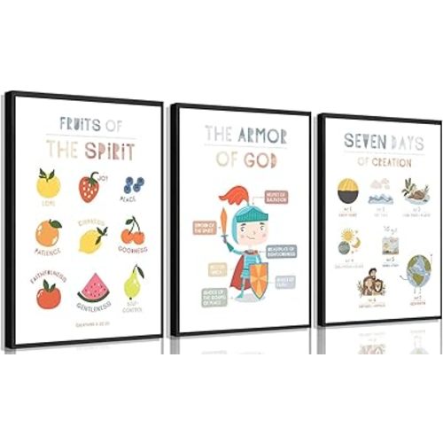 3Pcs Christian Nursery Canvas Wall Art Fruits of the Spirit Poster Prints The Armor of God Painting Seven Days of Creation Pictures Wall Decor for Classroom Church Home Boys Study Decoration 12x16in