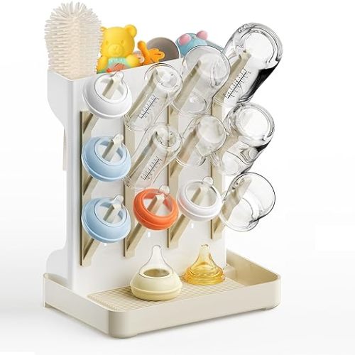 Baby Bottle Drying Rack: Vertical Space Saving Countertop Drying Rack - BPA-Free Baby Accessories Storage Stand Organize Brushes Pacifiers on Countertop - Elegant Grey