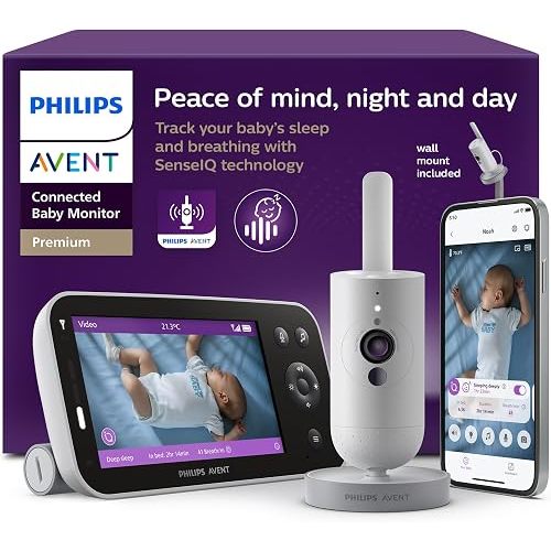 Philips Avent Premium Connected Baby Monitor, 1080p Camera, 5" HD Screen | For First-Time Parents, Wearable-Free Smart Baby Monitor, Sleep & Breathing Motion Tracking, Wall Mount, SCD971/37