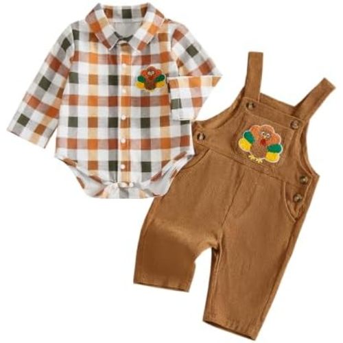 Baby Boy Thanksgiving Oufit Plaid Romper Turkey Embroidery Overalls Pants