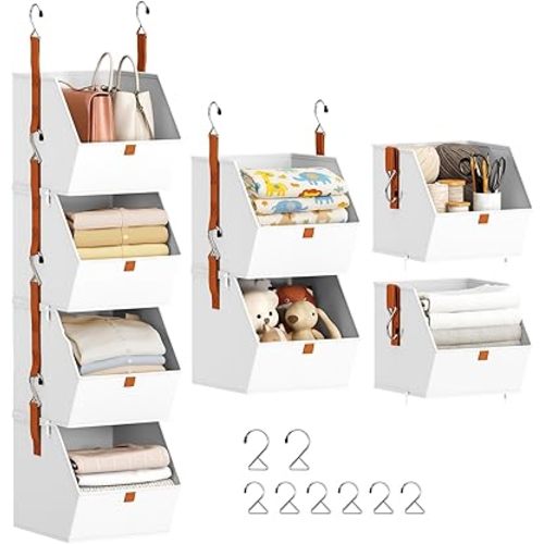 Hanging Closet Organizer 4 Tier - Clothes Hanging Shelves, Space-Saving Closet System, Fabric Storage Bins Bedroom Organization, Collapsible Baskets for Home, Dorm, Rv, White