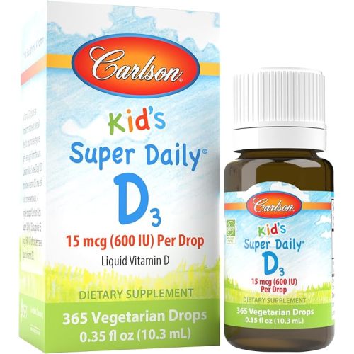 Carlson - Kid's Super Daily D3, Vitamin D Drops for Kids, 400 IU per drop, 1-Year Supply, Heart & Immune Health, Vegetarian, Liquid Vitamin D Drops, Unflavored, 365 drops